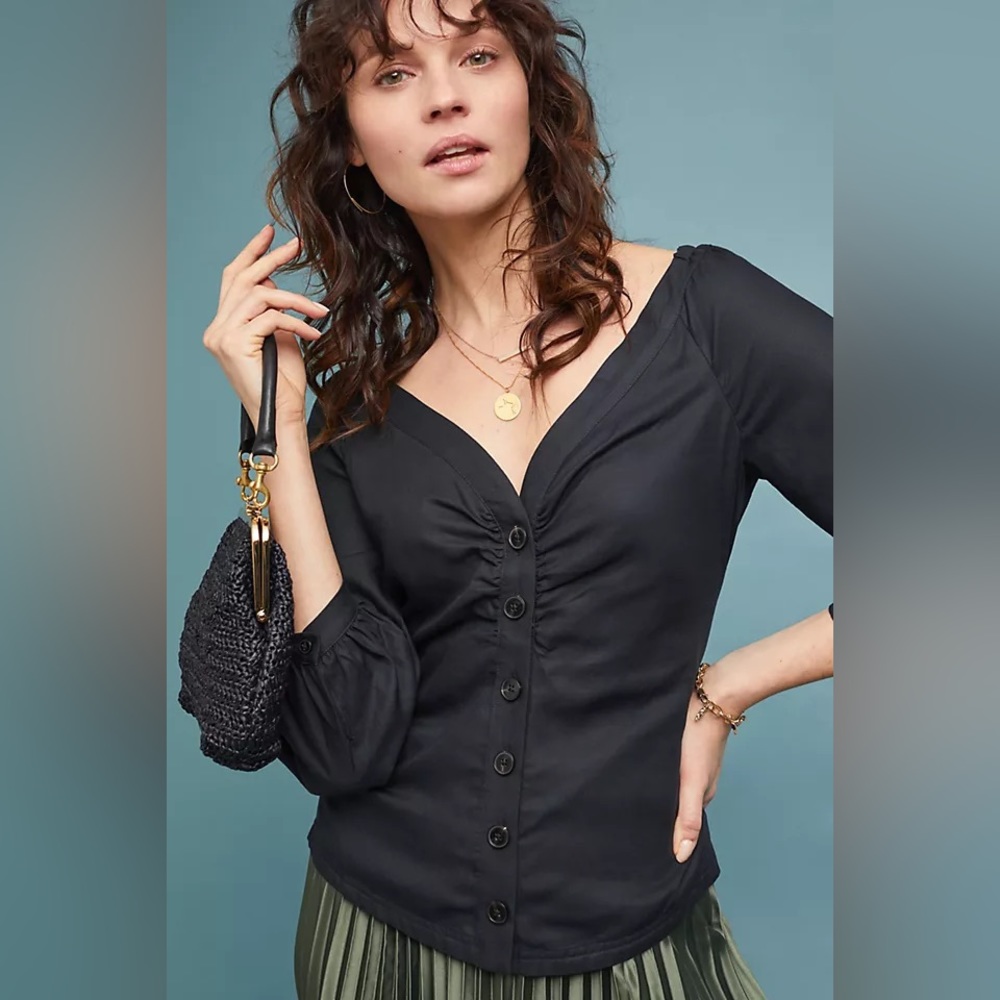 Anthropologie Maeve blue navy blouse.